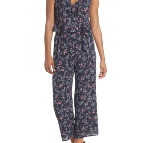 Paige Paletta jumpsuit navy and primrose floral crop lined legs belted S - Picture 1 of 13